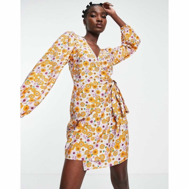 エンヴィ Envii レディース ワンピース ラップドレス ワンピース・ドレス Mini Wrap Dress With Balloon Sleeves In Retro Sunflower Pri