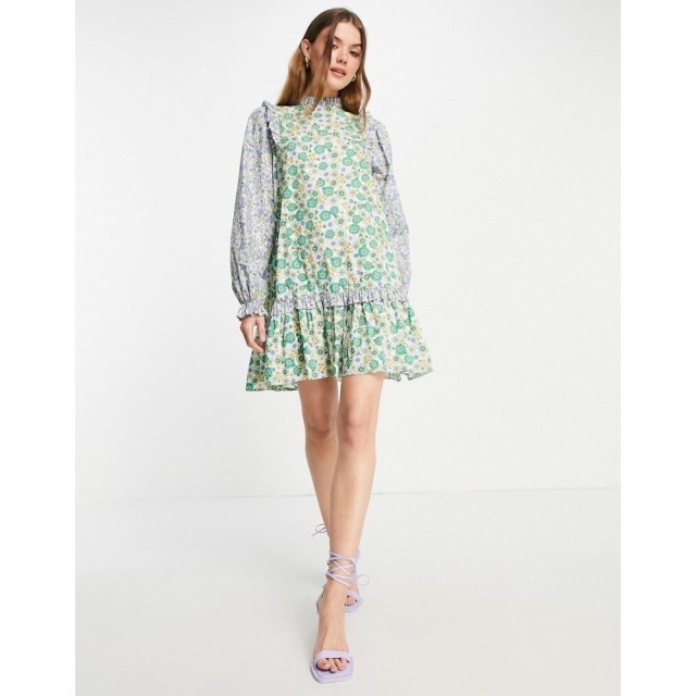 エンヴィ Envii レディース ワンピース ワンピース・ドレス Organic Cotton High Neck Mini Dress With Ruffle Details In Patchwork Flo