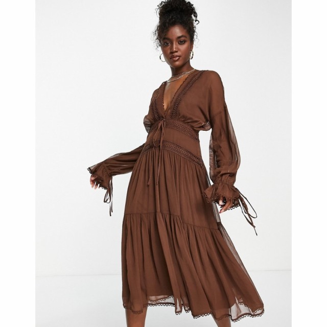 エイソス ASOS DESIGN レディース ワンピース ミドル丈 ワンピース・ドレス Lace Insert Midi Dress With Blouson Sleeve And Tie Detail