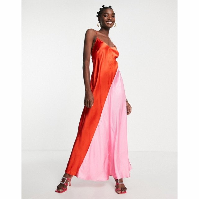 リバーアイランド River Island レディース ワンピース スリップドレス マキシ丈 Colourblock Backless Maxi Satin Slip Dress In Red レ