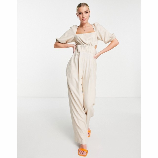 エイソス ASOS DESIGN レディース オールインワン ジャンプスーツ ワンピース・ドレス Ruched Waist Puff Sleeve Linen Jumpsuit In Ston