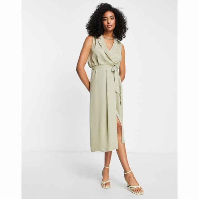 エイソス ASOS DESIGN レディース ワンピース ラップドレス ノースリーブ ミドル丈 Tie Front Sleeveless Collared Wrap Midi Dress In G