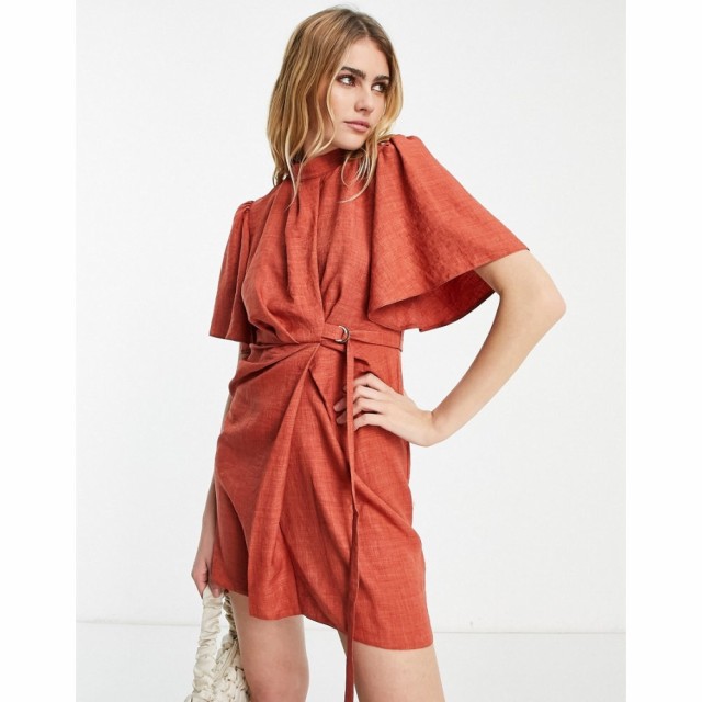 エイソス ASOS DESIGN レディース ワンピース ミニ丈 ワンピース・ドレス High Neck Linen Drape Mini Dress With Belt Detail In Rust