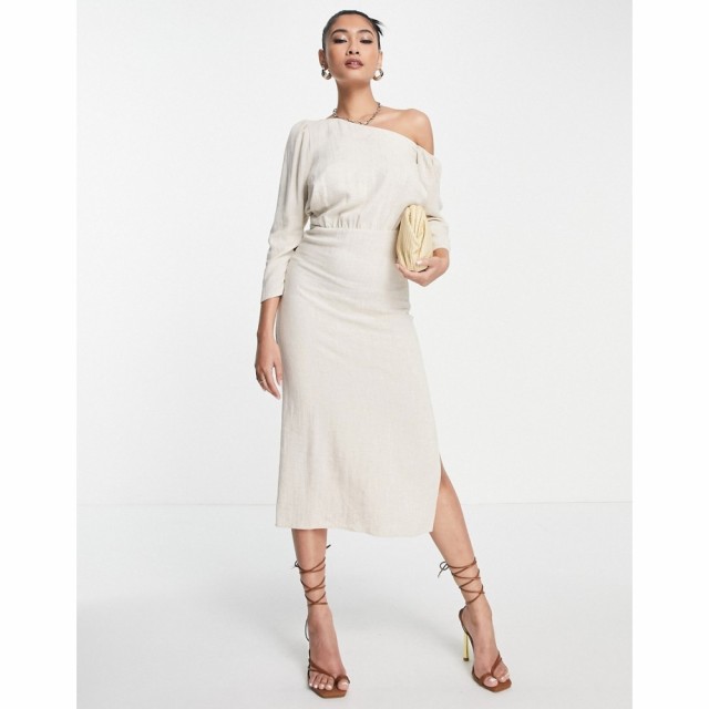 エイソス ASOS DESIGN レディース ワンピース ミドル丈 ワンピース・ドレス Linen Fallen Shoulder Midi Dress In Stone ベージュ