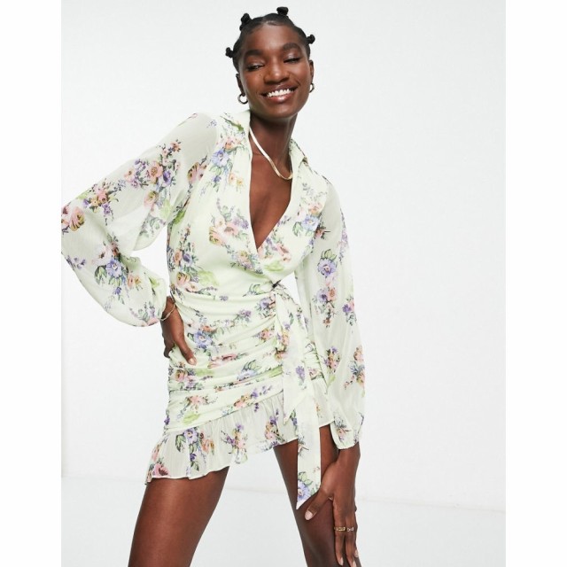 エイソス ASOS DESIGN レディース ワンピース ラップドレス ミニ丈 ワンピース・ドレス Soft Wrap Mini Dress With Balloon Sleeves In P