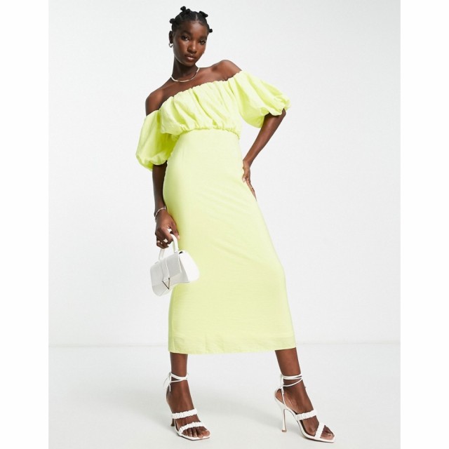 エイソス ASOS DESIGN レディース ワンピース ミドル丈 ワンピース・ドレス Off The Shoulder Puff Detail Midi Dress In Lemon レモン