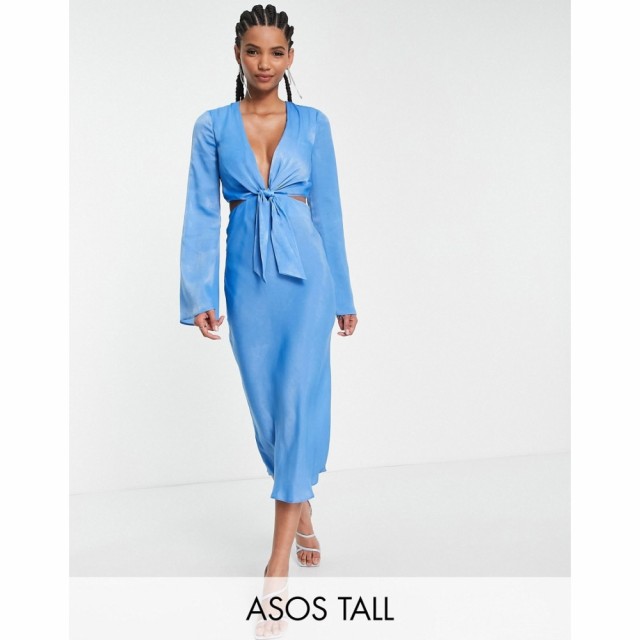 エイソス ASOS Tall レディース ワンピース ミドル丈 Tall Bias Cut Satin Midi Dress With Tie Waist and Flutter Sleeve In Blue ブラ