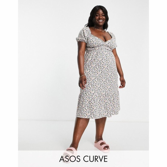 エイソス ASOS DESIGN レディース ワンピース ラップドレス ミドル丈 ワンピース・ドレス Curve Textured Wrap Midi Dress In White Dits