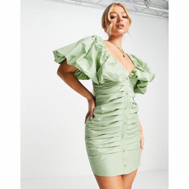 エイソス ASOS Luxe レディース ワンピース ミニ丈 Asos Luxe Pleated Front Poplin Mini Dress With Back Bow Tie In Sage Green セージ