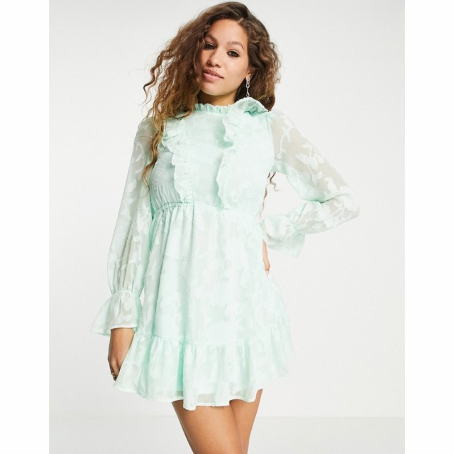 ツイステッドヴンダー Twisted Wunder レディース ワンピース ミニ丈 Long Sleeve Mini Dress With Frill Detail In Mint Green ミントグ