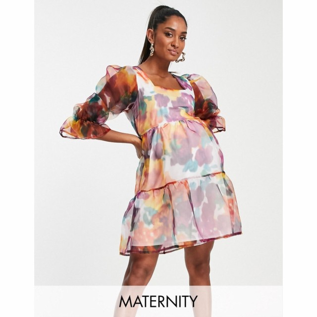 ツイストワンダー Twisted Wunder Maternity レディース ワンピース ミニ丈 Smock Mini Organza Dress In Watercolour Floral マルチフロ