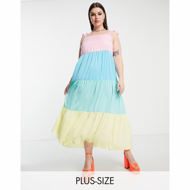 ツイステッド ヴンダー プラス Twisted Wunder Plus レディース ワンピース Ａライン Tiered Colourblock Midi Dress With Tie Sleeves