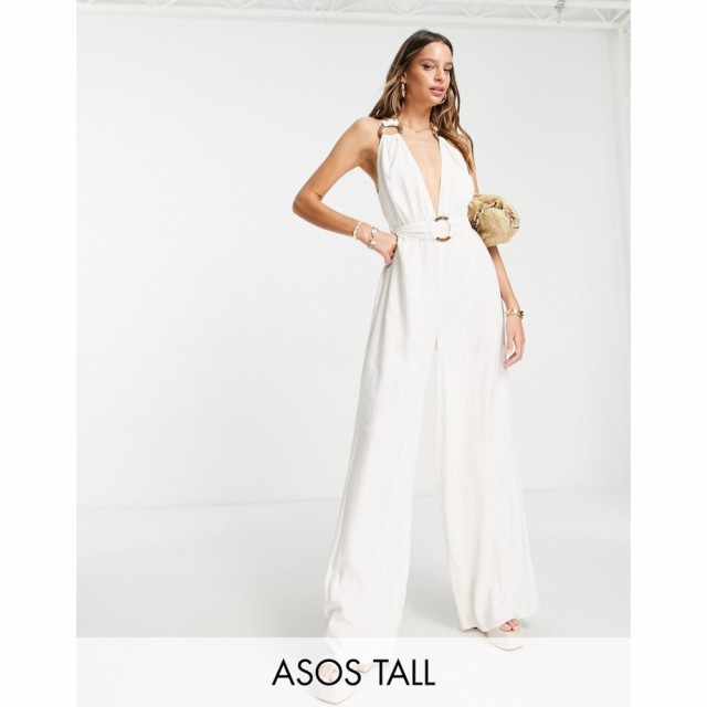 エイソス ASOS DESIGN レディース オールインワン ジャンプスーツ Tall Linen Halterneck Jumpsuit With Wide Leg And Ring Detail In Wh