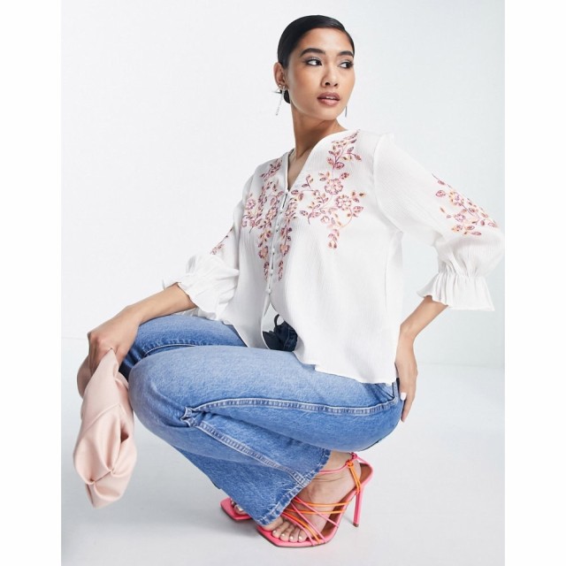 フレンチコネクション French Connection レディース ブラウス・シャツ トップス Tie Front Blouse With Floral Embroidery ホワイト