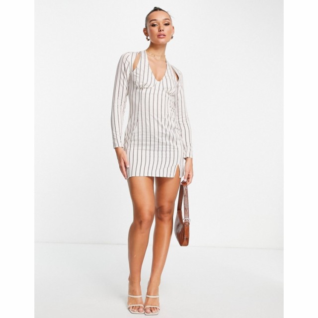 エイソス ASOS DESIGN レディース ワンピース ミニ丈 ワンピース・ドレス Halter Linen Mini Dress With Long Sleeve In Stripe ストライ