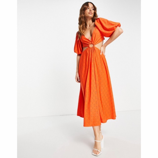 エイソス ASOS DESIGN レディース ワンピース ミドル丈 ワンピース・ドレス Broderie Cut Out Midi Dress In Red レッド