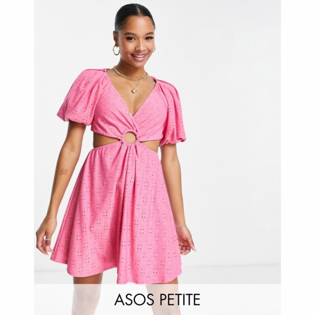 エイソス ASOS Petite レディース ワンピース ミニ丈 ワンピース・ドレス Petite Broderie Volume Sleeve Mini Cut Out Dress In Pink ピ