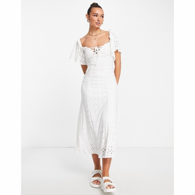 エイソス ASOS DESIGN レディース ワンピース ミドル丈 ワンピース・ドレス Broderie Flutter Sleeve Ruched Front Midi Dress In White