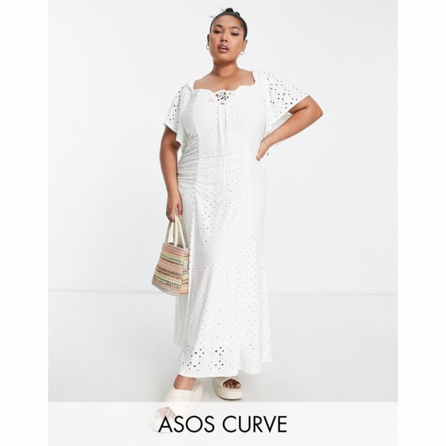 エイソス ASOS DESIGN レディース ワンピース ミドル丈 ワンピース・ドレス Curve Broderie Flutter Sleeve Ruched Front Midi Dress In