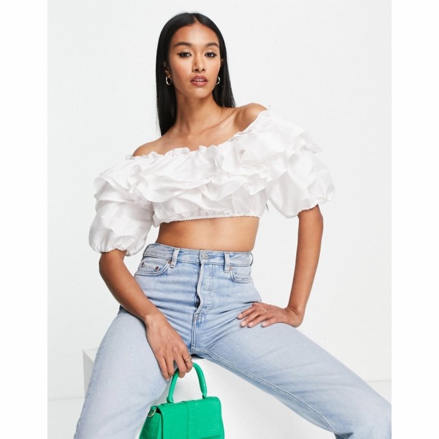 ヴェロモーダ Vero Moda レディース ベアトップ・チューブトップ・クロップド Crop Top Co-Ord With Exaggerated Frill Detail In White