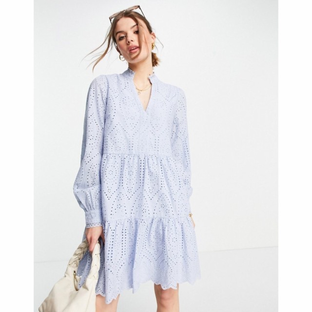 ワイ エー エス Y.A.S レディース ワンピース ミニ丈 ワンピース・ドレス High Neck Broderie Mini Dress In Pale Blue ペールブルー