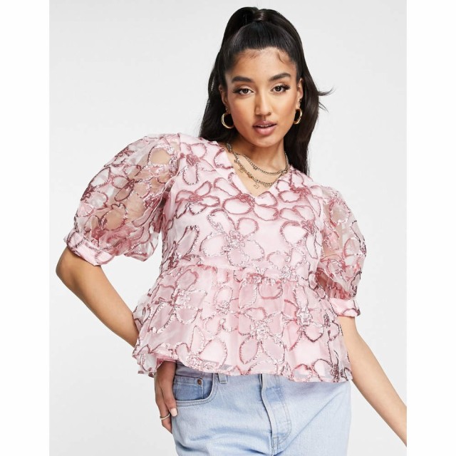 ピーシーズ Pieces レディース ブラウス・シャツ トップス Premium Embroidered Floral Puff Sleeve Peplum Top In Pink ピンク