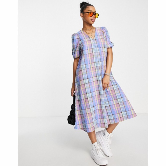 ピーシーズ Pieces レディース ワンピース ミドル丈 ワンピース・ドレス Midi Trapeze Puff Sleeve Dress In Blue Check ブルーチェック