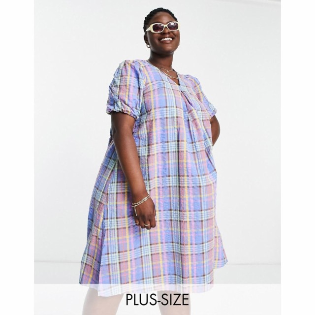 ピーシーズ Pieces Plus レディース ワンピース ミドル丈 ワンピース・ドレス Pieces Curve Puff Sleeve Midi Dress In Blue Check ブル