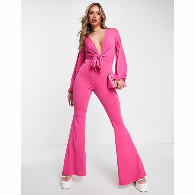 エイソス ASOS DESIGN レディース オールインワン ジャンプスーツ Glam Plunge Tie Front Jumpsuit In Slinky In Bright Pink ブライトピ