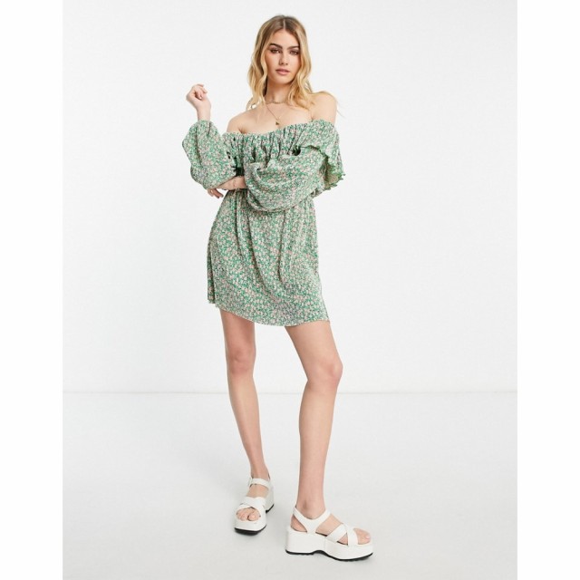 エイソス ASOS DESIGN レディース ワンピース ミニ丈 ワンピース・ドレス Plisse Frill Bardot Mini Dress With Long Sleeves In Green A