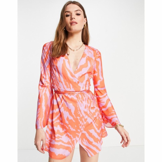 エイソス ASOS DESIGN レディース ワンピース ラップドレス ミニ丈 ワンピース・ドレス Mini Wrap Satin Dress In Orange And Lilac Prin