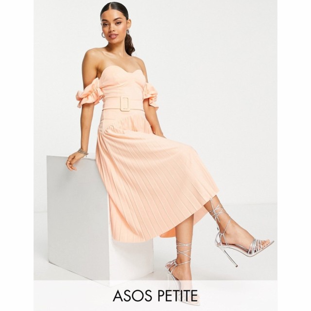 エイソス ASOS Petite レディース ワンピース ミドル丈 Petite Off Shoulder Recycled Polyester Belted Midi Dress In Orange アプリコ