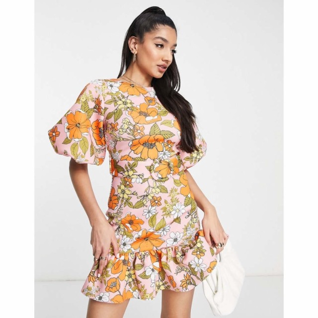 エイソス ASOS DESIGN レディース ワンピース Ａライン ワンピース・ドレス Belted Peplem Mini Tiered Dress In Retro Floral Print