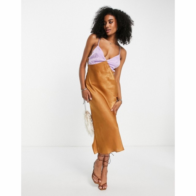 エイソス ASOS DESIGN レディース ワンピース レースアップ ミドル丈 ワンピース・ドレス Satin Midi Lace Up Back Dress In Camel And L