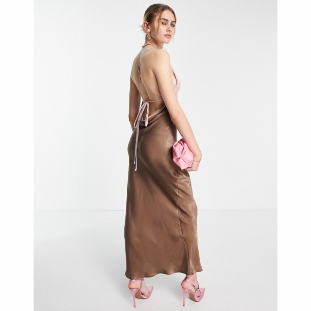 エイソス ASOS DESIGN レディース ワンピース マキシ丈 ワンピース・ドレス Maxi Satin Backless Dress In Brown And Pink Colourblock