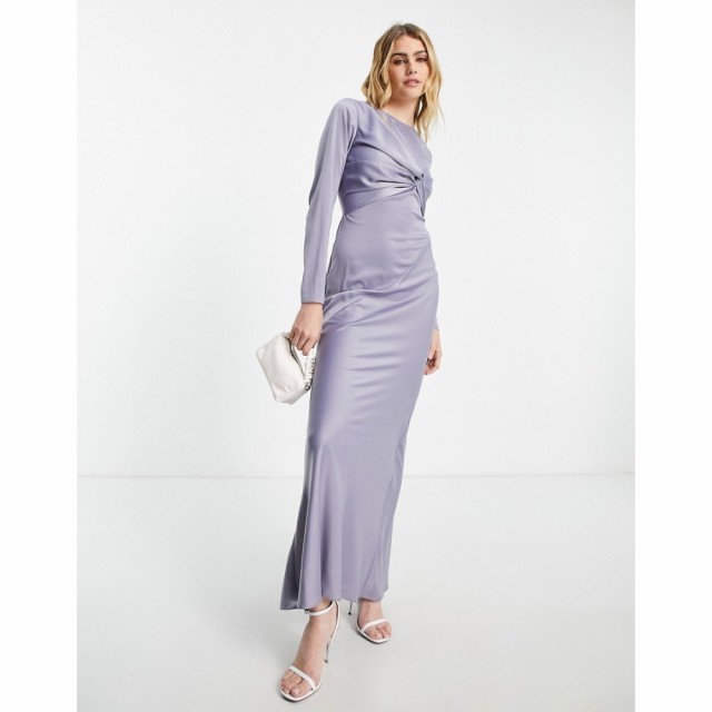 エイソス ASOS DESIGN レディース ワンピース マキシ丈 ワンピース・ドレス Twist Front Long Sleeves Satin Maxi Dress In Lilac ライラ