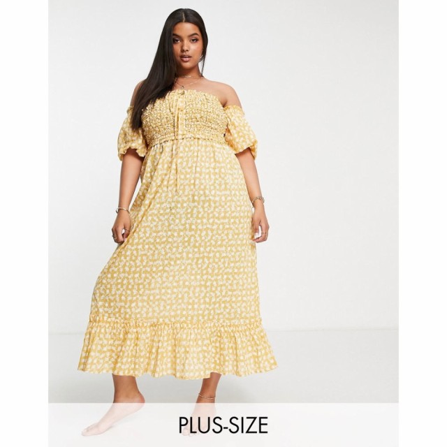 リバーアイランド River Island Plus レディース ビーチウェア ワンピース・ドレス 水着・ビーチウェア Shirred Bardot Midi Beach Dress