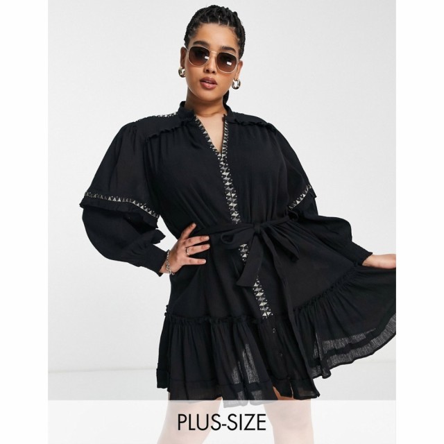 リバーアイランド River Island Plus レディース ビーチウェア ワンピース・ドレス トップス Lace Shirt Smock Mini Beach Dress In Blac