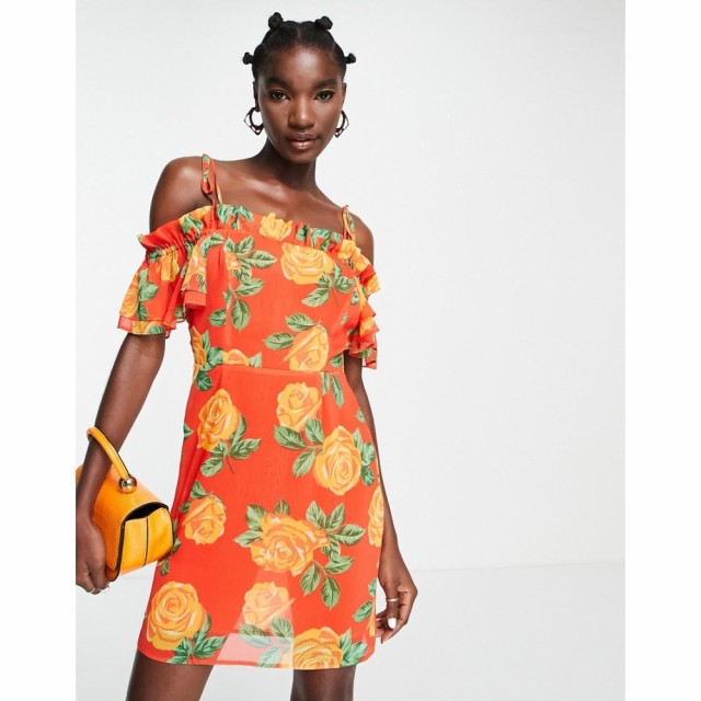 トップショップ Topshop レディース ワンピース ミニ丈 ワンピース・ドレス Frill Bardot Tie Shoulder Floral Mini Dress In Orange オ