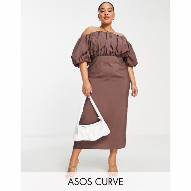 エイソス ASOS DESIGN レディース ワンピース ミドル丈 ワンピース・ドレス Curve Off The Shoulder Puff Detail Midi Dress In Taupe デ