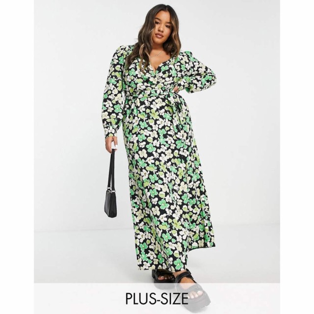 リバーアイランド River Island Plus レディース ワンピース ラップドレス ワンピース・ドレス Wrap Front Floral Midaxi Dress In Green