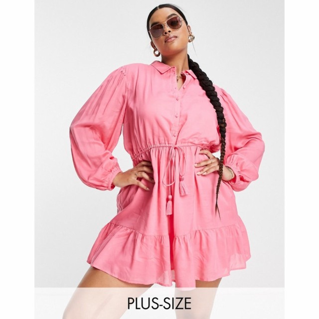 リバーアイランド River Island Plus レディース ワンピース ミニ丈 ワンピース・ドレス Long Sleeve Shirt Mini Dress In Pink ピンク/