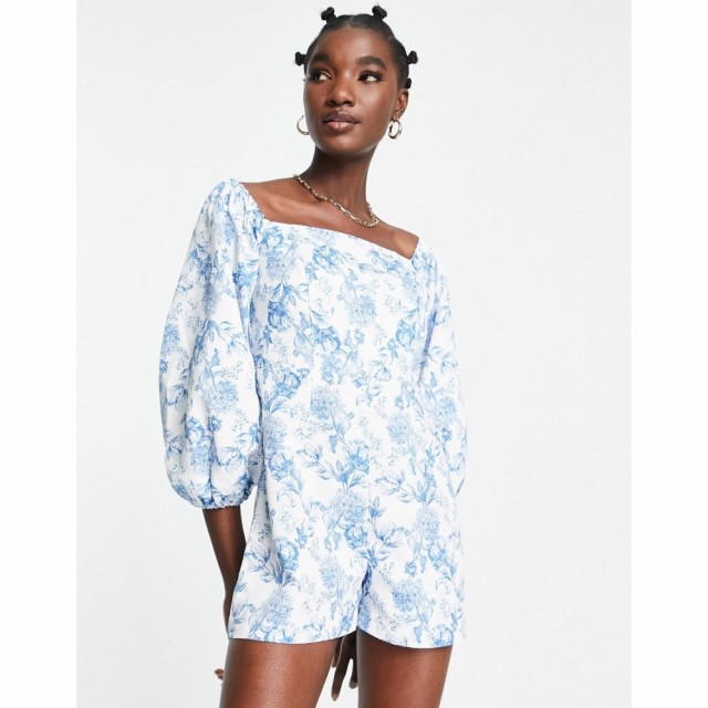 リバーアイランド River Island レディース オールインワン ショート ワンピース・ドレス Floral Puff Sleeve Playsuit In Light Blue ブ