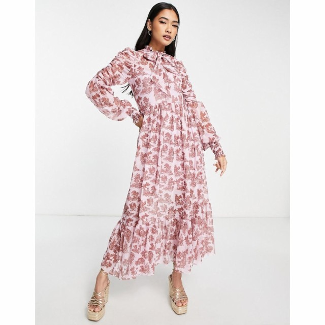 リバーアイランド River Island レディース ワンピース ミドル丈 ワンピース・ドレス Tie Neck Floral Tea Midi Dress In Light Pink ピ