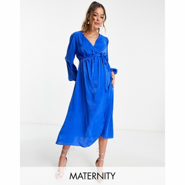 リバーアイランド River Island Maternity レディース ワンピース ラップドレス ミドル丈 Satin Wrap Midi Dress In Cobalt Blue コバル