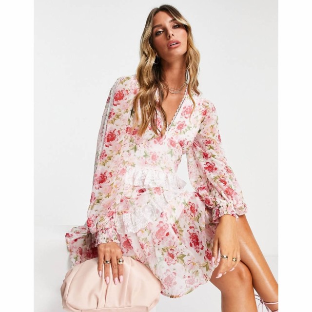 ヴィラ Vila レディース ワンピース Vネック ワンピース・ドレス V Neck Mini Dress With Lace Detail In Rose Floral Print