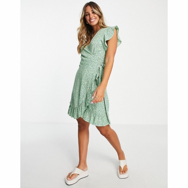 ヴィラ Vila レディース ワンピース ラップドレス ワンピース・ドレス Mini Wrap Dress With Frill Detail In Green Floral Print グリー