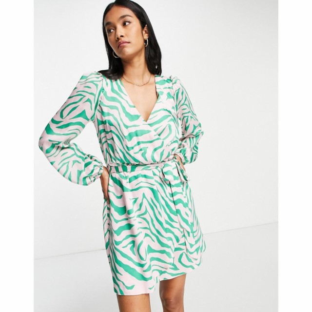 リバーアイランド River Island レディース ワンピース ラップドレス ワンピース・ドレス Zebra Print Satin Wrap Mini Dress In Green