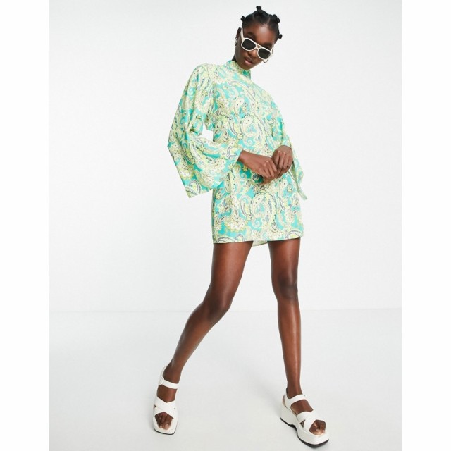 リバーアイランド River Island レディース ワンピース ワンピース・ドレス Flute Sleeve Floral Paisley Print Mini Dress In Green グ