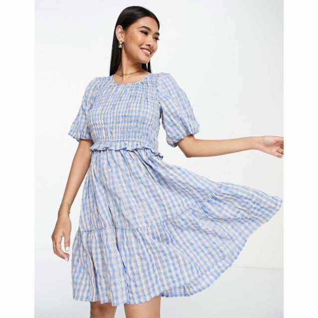 ワイ エー エス Y.A.S レディース ワンピース Ａライン ワンピース・ドレス Broderie Scoop Neck Tiered Mini Dress In Blue Check ライ